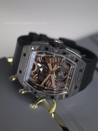 BONEST GATTI Automatic Tonneau Watch Phantom Black Warrior Dial Carbon Fiber Skeleton Self Wind Movement Sapphire Crystal Luminous Watch BG9008