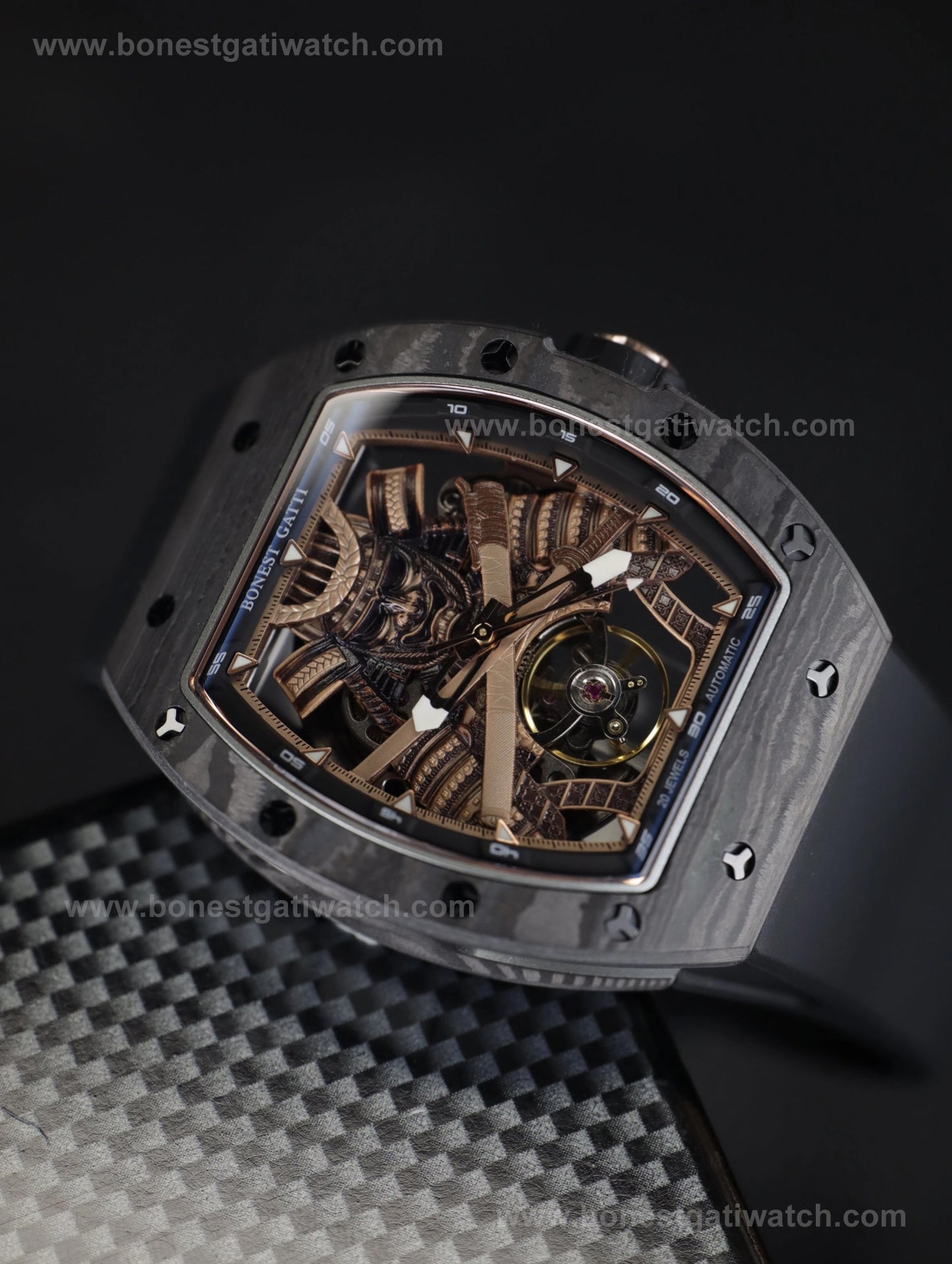 BONEST GATTI Automatic Tonneau Watch Phantom Black Warrior Dial Carbon Fiber Skeleton Self Wind Movement Sapphire Crystal Luminous Watch BG9008