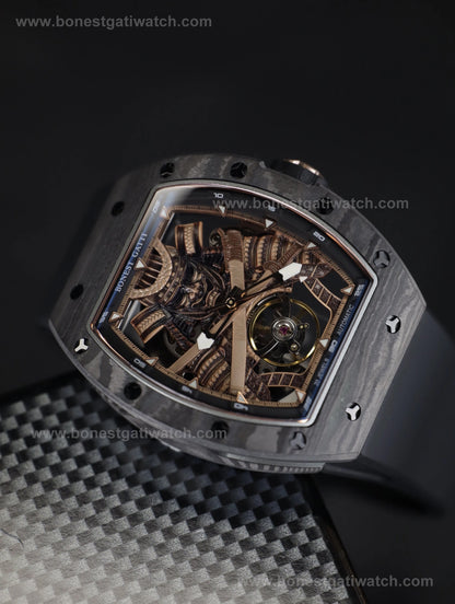 BONEST GATTI Automatic Tonneau Watch Phantom Black Warrior Dial Carbon Fiber Skeleton Self Wind Movement Sapphire Crystal Luminous Watch BG9008