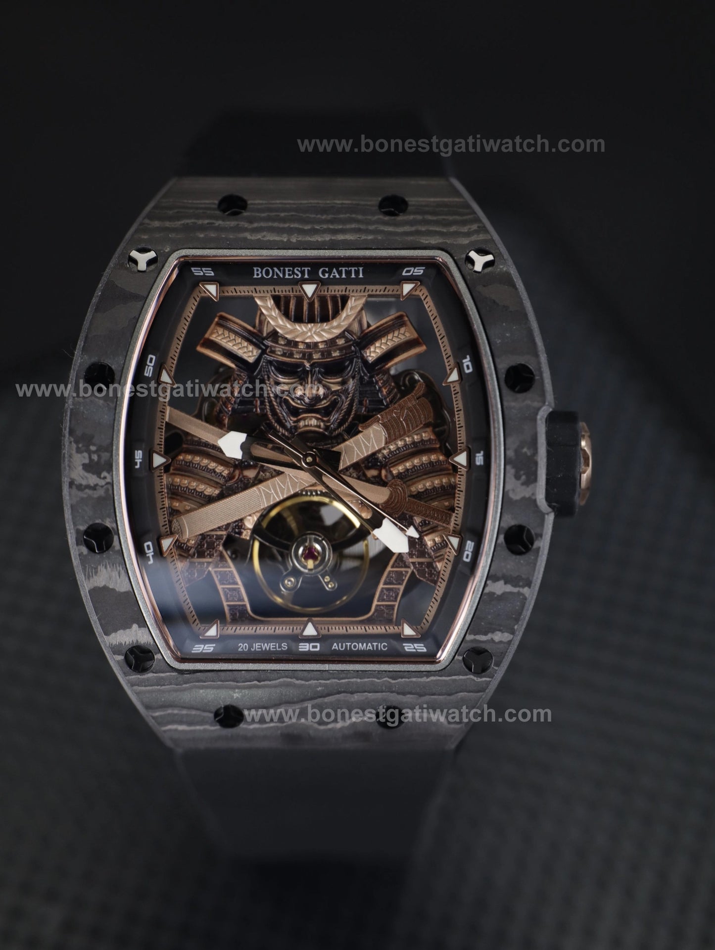 BONEST GATTI Automatic Tonneau Watch Phantom Black Warrior Dial Carbon Fiber Skeleton Self Wind Movement Sapphire Crystal Luminous Watch BG9008