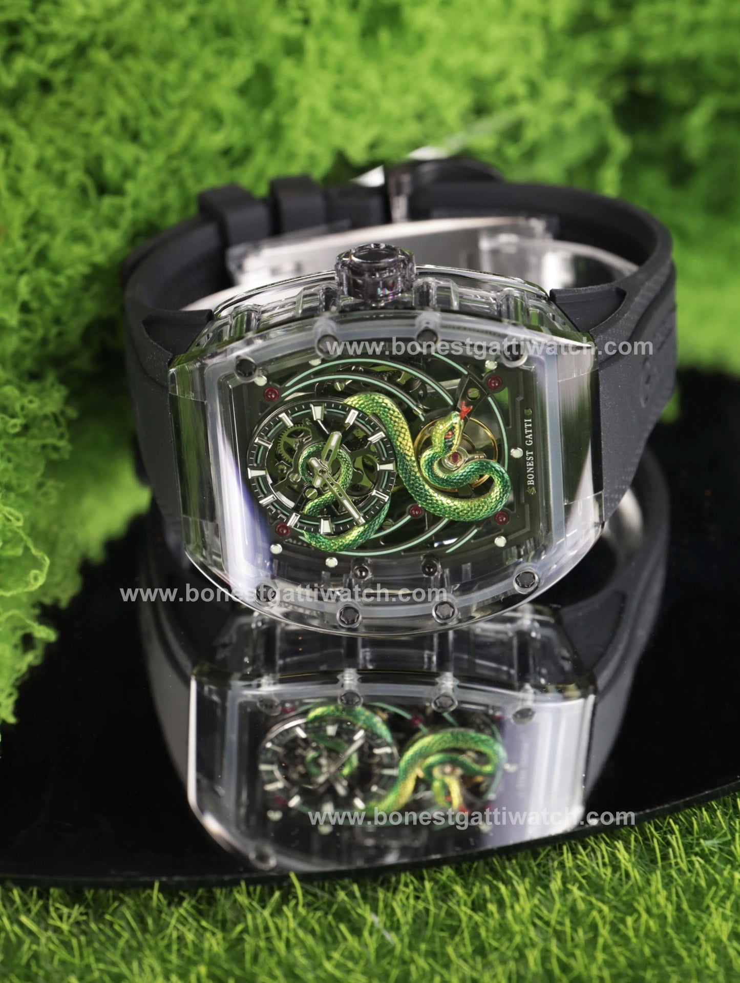 BONEST GATTI Transparent Tonneau Case 3D Snake Dial Skeleton Movement Fluororubber Strap Watch Luminous BG6004