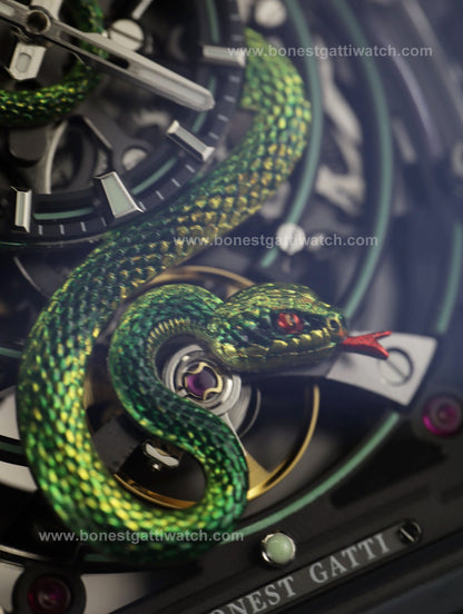 BONEST GATTI Transparent Tonneau Case 3D Snake Dial Skeleton Movement Fluororubber Strap Watch Luminous BG6004