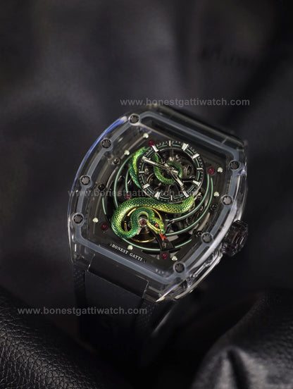 BONEST GATTI Transparent Tonneau Case 3D Snake Dial Skeleton Movement Fluororubber Strap Watch Luminous BG6004
