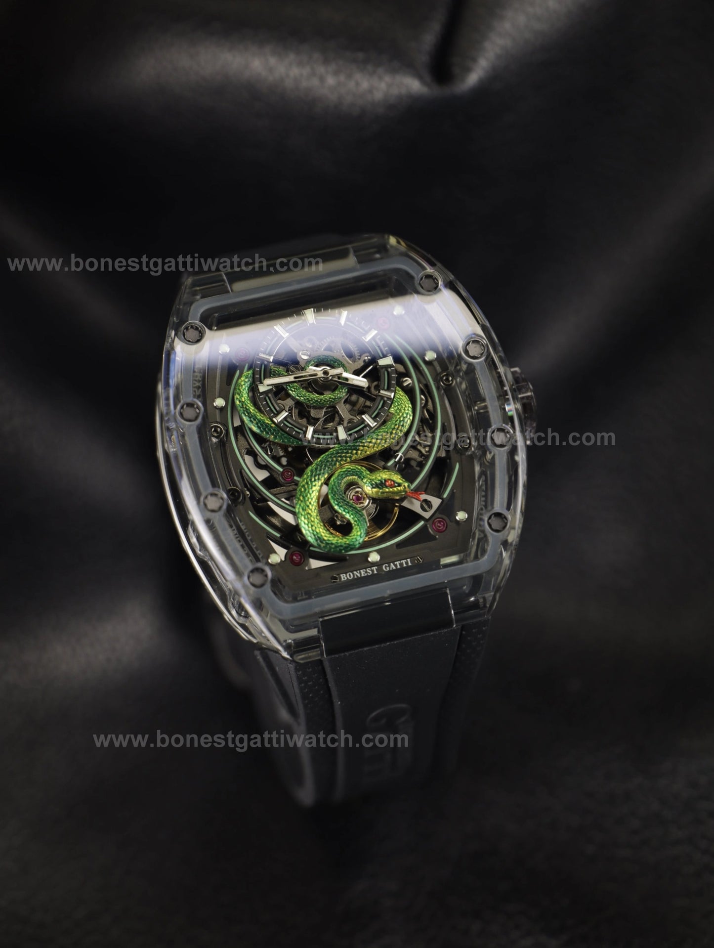 BONEST GATTI Transparent Tonneau Case 3D Snake Dial Skeleton Movement Fluororubber Strap Watch Luminous BG6004