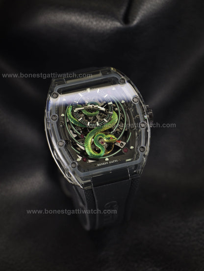 BONEST GATTI Transparent Tonneau Case 3D Snake Dial Skeleton Movement Fluororubber Strap Watch Luminous BG6004