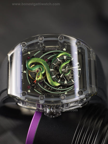 BONEST GATTI Transparent Tonneau Case 3D Snake Dial Skeleton Movement Fluororubber Strap Watch Luminous BG6004