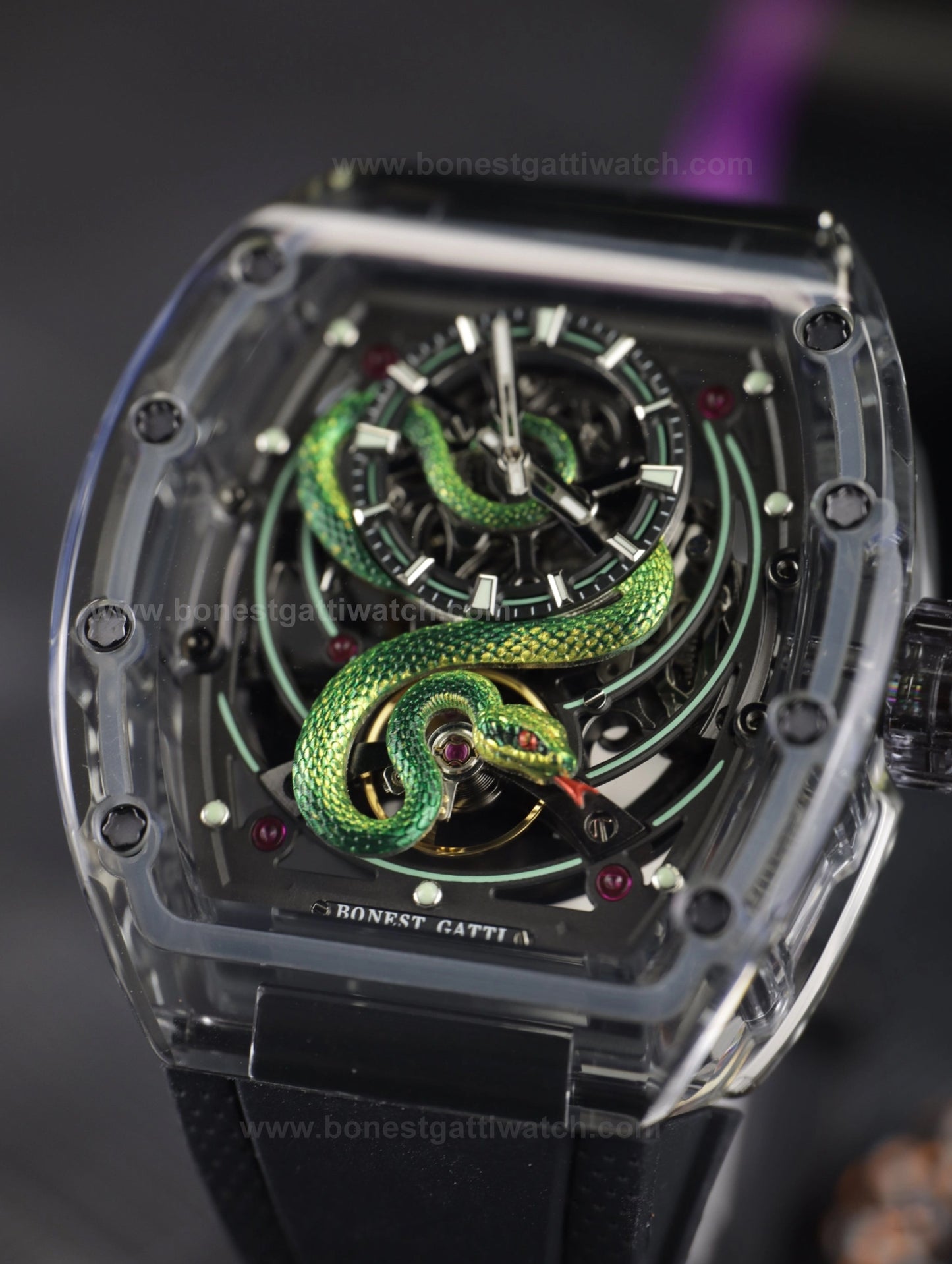 BONEST GATTI Transparent Tonneau Case 3D Snake Dial Skeleton Movement Fluororubber Strap Watch Luminous BG6004