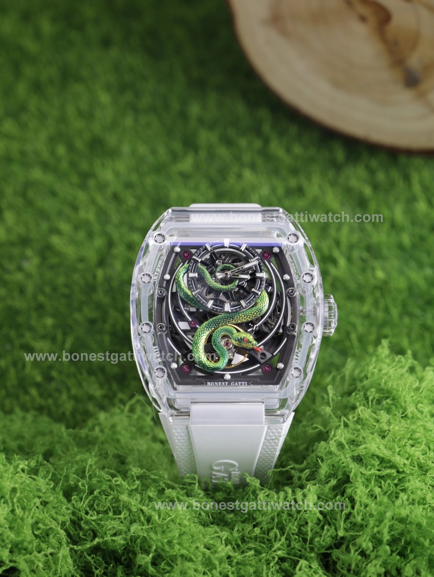 BONEST GATTI Transparent Tonneau Case 3D Snake Dial Skeleton Movement Fluororubber Strap Watch Luminous BG6004