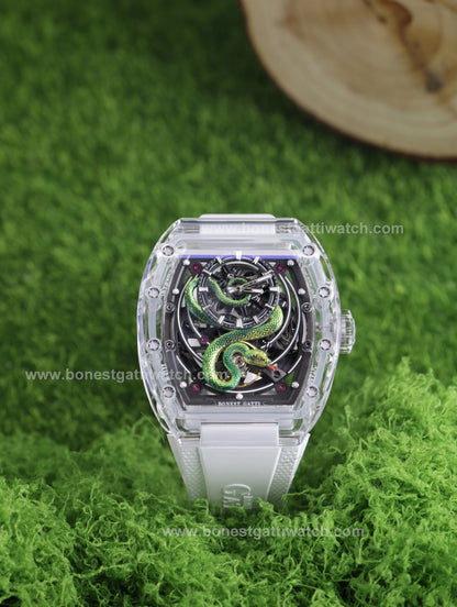 BONEST GATTI Transparent Tonneau Case 3D Snake Dial Skeleton Movement Fluororubber Strap Watch Luminous BG6004