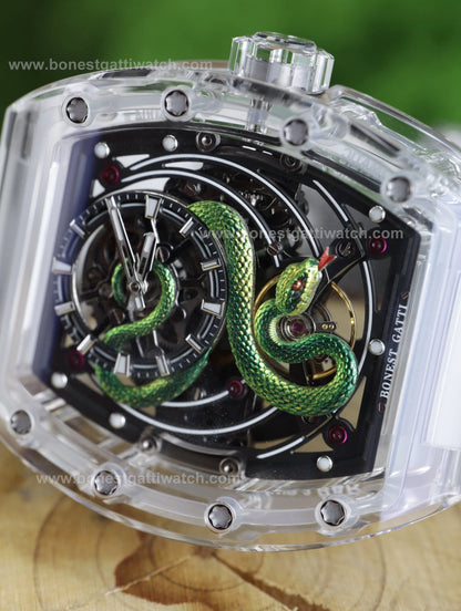 BONEST GATTI Transparent Tonneau Case 3D Snake Dial Skeleton Movement Fluororubber Strap Watch Luminous BG6004