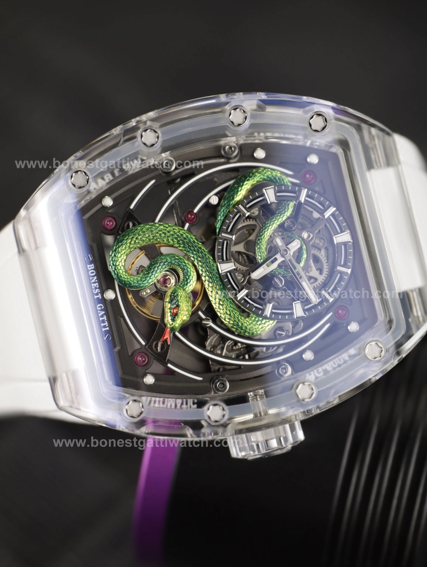 BONEST GATTI Transparent Tonneau Case 3D Snake Dial Skeleton Movement Fluororubber Strap Watch Luminous BG6004