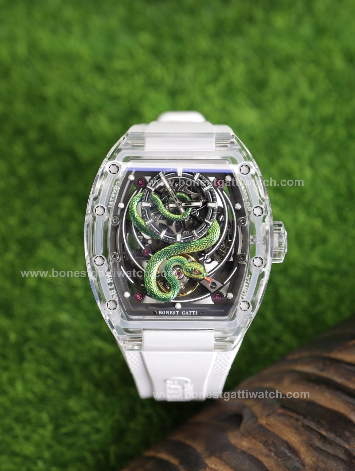 BONEST GATTI Transparent Tonneau Case 3D Snake Dial Skeleton Movement Fluororubber Strap Watch Luminous BG6004