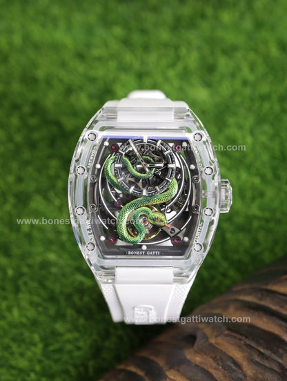 BONEST GATTI Transparent Tonneau Case 3D Snake Dial Skeleton Movement Fluororubber Strap Watch Luminous BG6004