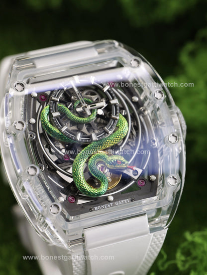 BONEST GATTI Transparent Tonneau Case 3D Snake Dial Skeleton Movement Fluororubber Strap Watch Luminous BG6004