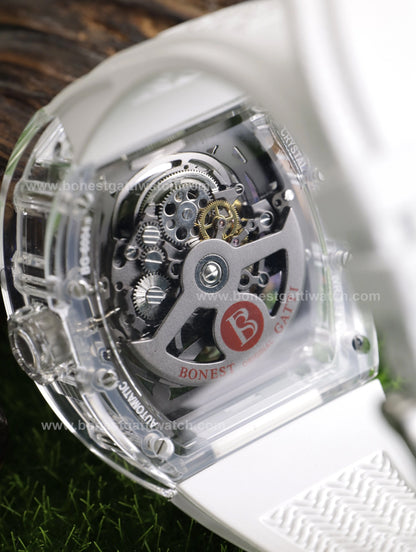 BONEST GATTI Transparent Tonneau Case 3D Snake Dial Skeleton Movement Fluororubber Strap Watch Luminous BG6004