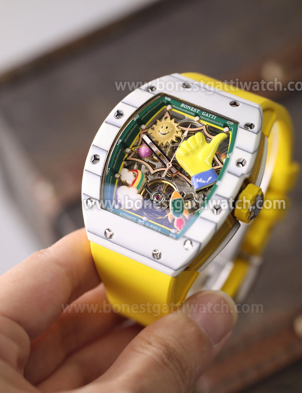 BONEST GATTI Carbon fiber + Aluminum alloy Case Barrel shaped Thumbs Up Series funny watch Skeleton Movement Crystal Sapphire Watch BG9001