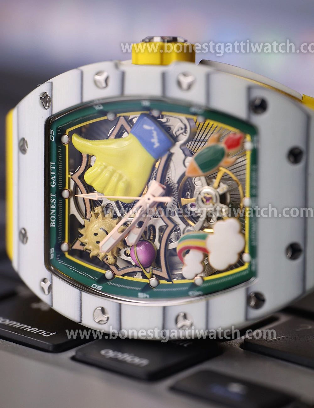 BONEST GATTI Carbon fiber + Aluminum alloy Case Barrel shaped Thumbs Up Series funny watch Skeleton Movement Crystal Sapphire Watch BG9001