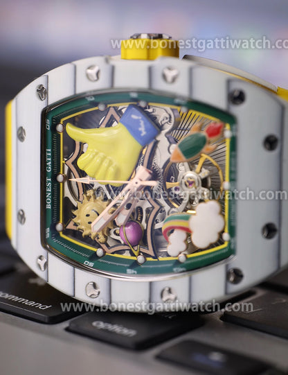 BONEST GATTI Carbon fiber + Aluminum alloy Case Barrel shaped Thumbs Up Series funny watch Skeleton Movement Crystal Sapphire Watch BG9001