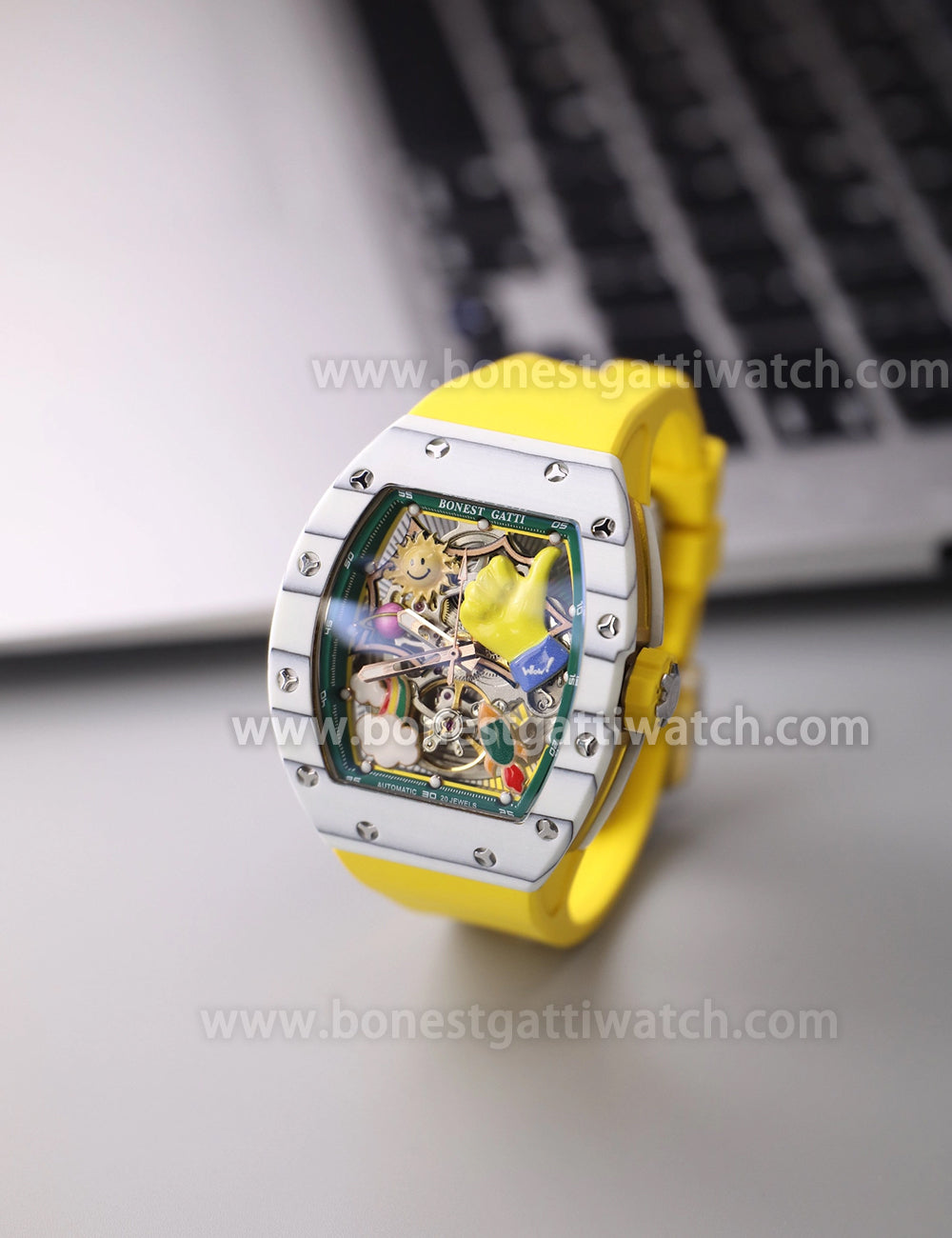 BONEST GATTI Carbon fiber + Aluminum alloy Case Barrel shaped Thumbs Up Series funny watch Skeleton Movement Crystal Sapphire Watch BG9001