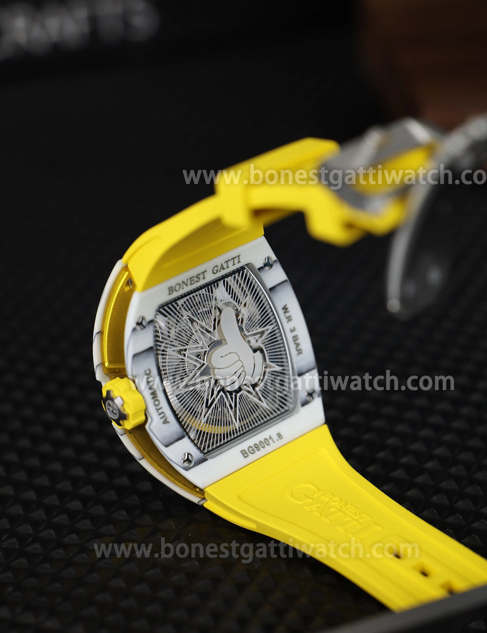 BONEST GATTI Carbon fiber + Aluminum alloy Case Barrel shaped Thumbs Up Series funny watch Skeleton Movement Crystal Sapphire Watch BG9001