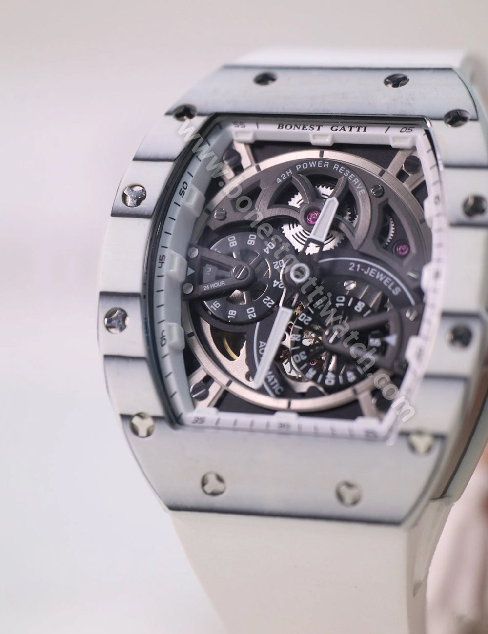 BONEST GATTI Carbon fiber + Aluminum alloy Case Barrel shaped Tonneau watch Skeleton Movement Sapphire Crystal Quick- Release Strap Watch BG9004