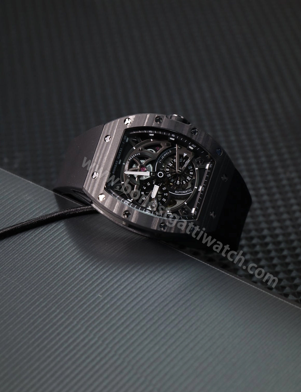 BONEST GATTI Carbon fiber + Aluminum alloy Case Barrel shaped Tonneau watch Skeleton Movement Sapphire Crystal Quick- Release Strap Watch BG9004