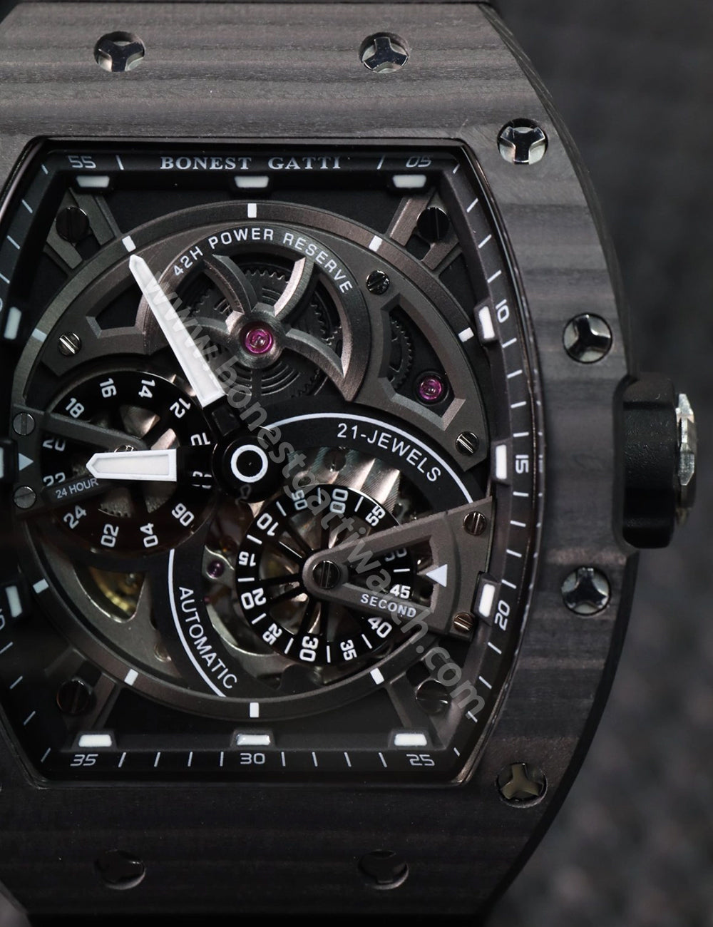 BONEST GATTI Carbon fiber + Aluminum alloy Case Barrel shaped Tonneau watch Skeleton Movement Sapphire Crystal Quick- Release Strap Watch BG9004