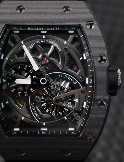 BONEST GATTI Carbon fiber + Aluminum alloy Case Barrel shaped Tonneau watch Skeleton Movement Sapphire Crystal Quick- Release Strap Watch BG9004