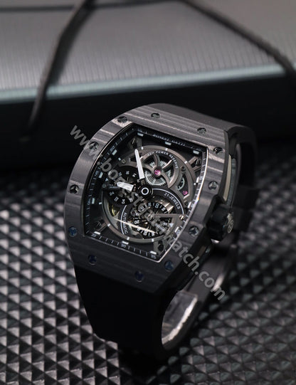 BONEST GATTI Carbon fiber + Aluminum alloy Case Barrel shaped Tonneau watch Skeleton Movement Sapphire Crystal Quick- Release Strap Watch BG9004