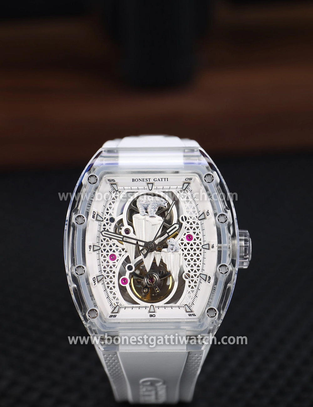 BONEST GATTI Crystal Case 3D Polar Bear Tonneau shaped Skeleton Movement K9 Crystal Case Fluororubber Strap Watch Luminous GB6002