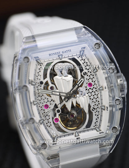 BONEST GATTI Crystal Case 3D Polar Bear Tonneau shaped Skeleton Movement K9 Crystal Case Fluororubber Strap Watch Luminous GB6002