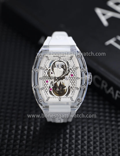 BONEST GATTI Crystal Case 3D Polar Bear Tonneau shaped Skeleton Movement K9 Crystal Case Fluororubber Strap Watch Luminous GB6002