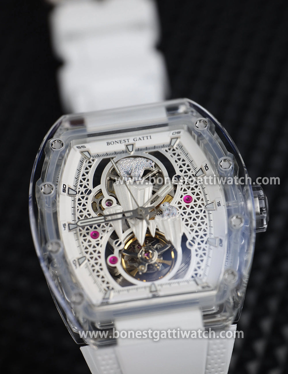 BONEST GATTI Crystal Case 3D Polar Bear Tonneau shaped Skeleton Movement K9 Crystal Case Fluororubber Strap Watch Luminous GB6002