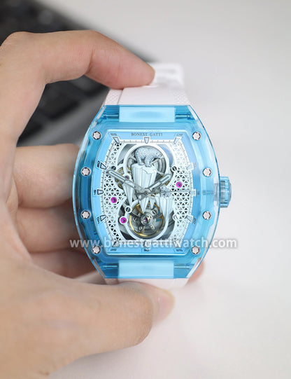 BONEST GATTI Crystal Case 3D Polar Bear Tonneau shaped Skeleton Movement K9 Crystal Case Fluororubber Strap Watch Luminous GB6002
