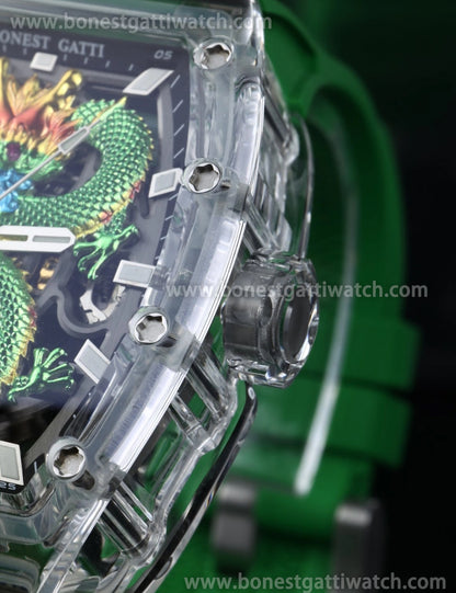 BONEST GATTI Transparent Case Dragon Barrel shaped Skeleton Movement Synthetic Sapphire Fluororubber Strap Watch Luminous GB9980