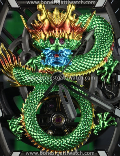 BONEST GATTI Transparent Case Dragon Barrel shaped Skeleton Movement Synthetic Sapphire Fluororubber Strap Watch Luminous GB9980