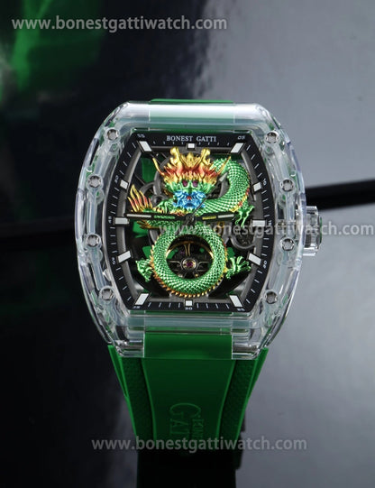 BONEST GATTI Transparent Case Dragon Barrel shaped Skeleton Movement Synthetic Sapphire Fluororubber Strap Watch Luminous GB9980
