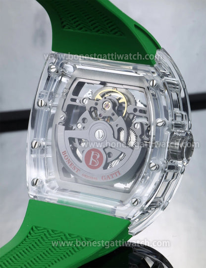 BONEST GATTI Transparent Case Dragon Barrel shaped Skeleton Movement Synthetic Sapphire Fluororubber Strap Watch Luminous GB9980