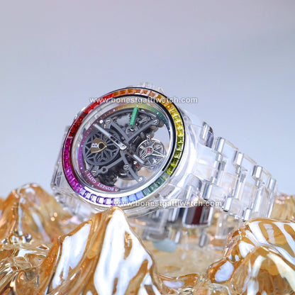 BONEST GATTI K9 Cryatal Case Strap Automatic Skeleton Tourbillon Watch BG7002