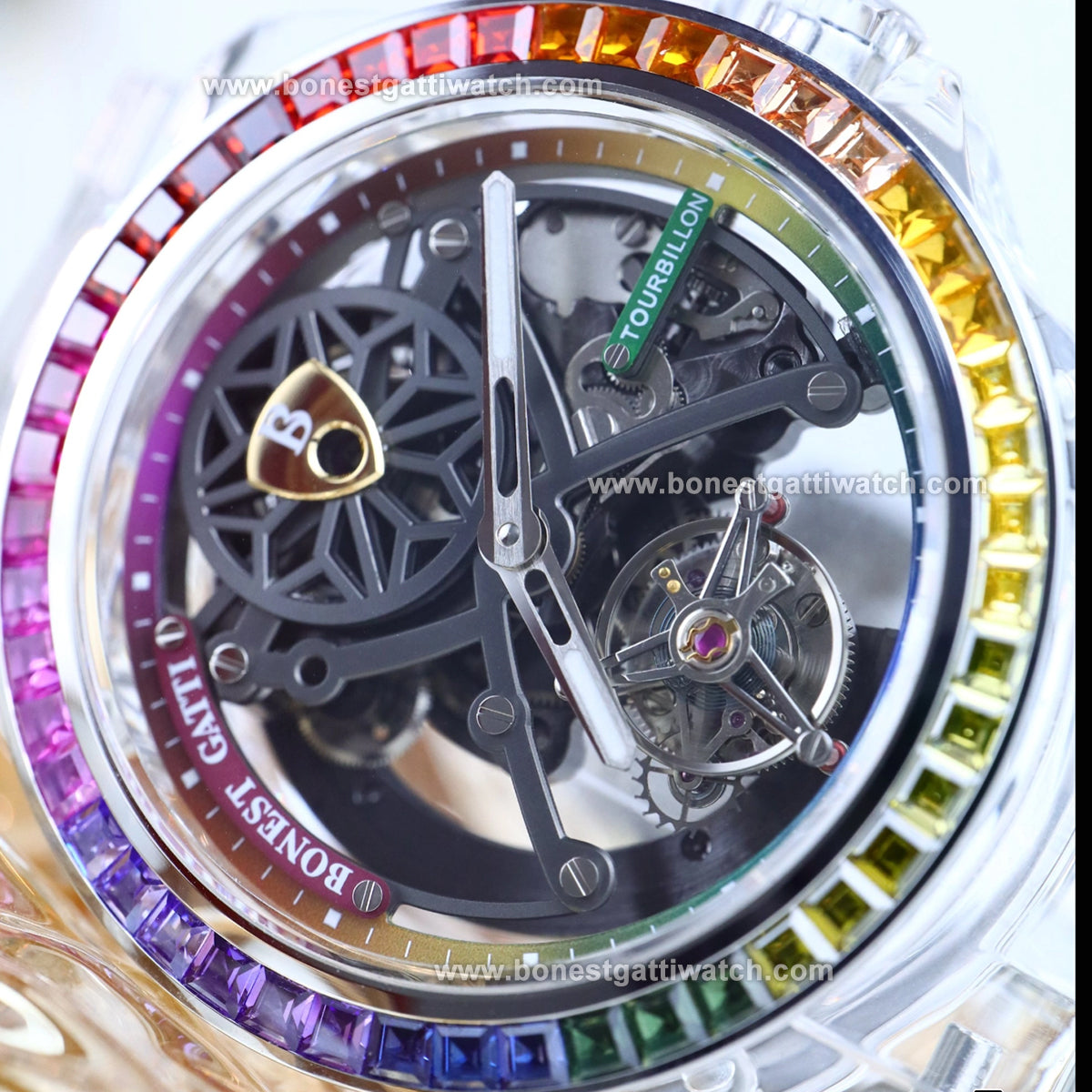 BONEST GATTI K9 Cryatal Case Strap Automatic Skeleton Tourbillon Watch BG7002