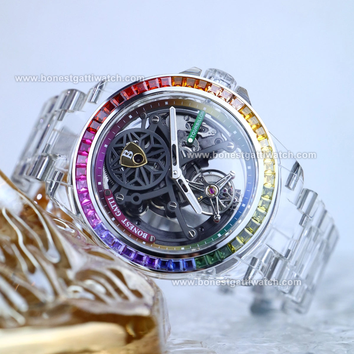 BONEST GATTI K9 Cryatal Case Strap Automatic Skeleton Tourbillon Watch BG7002