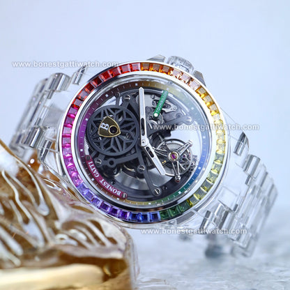 BONEST GATTI K9 Cryatal Case Strap Automatic Skeleton Tourbillon Watch BG7002