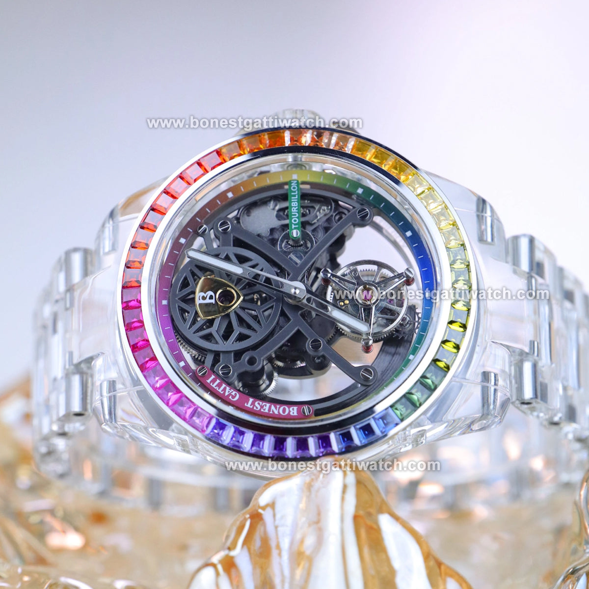 BONEST GATTI K9 Cryatal Case Strap Automatic Skeleton Tourbillon Watch BG7002