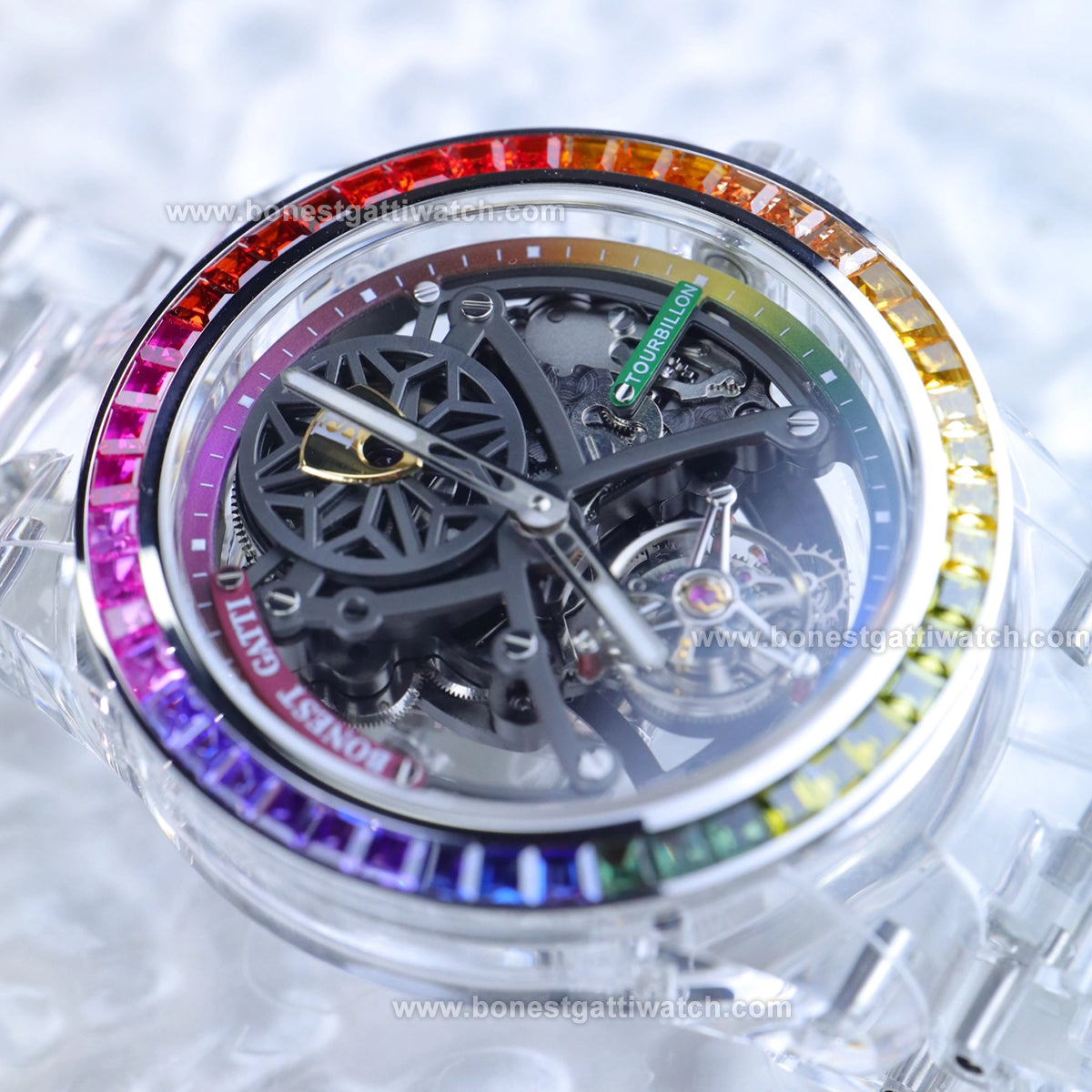 BONEST GATTI K9 Cryatal Case Strap Automatic Skeleton Tourbillon Watch BG7002