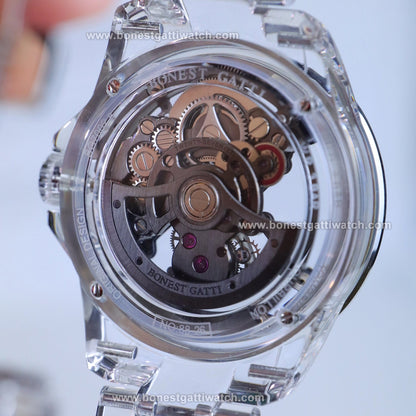 BONEST GATTI K9 Cryatal Case Strap Automatic Skeleton Tourbillon Watch BG7002