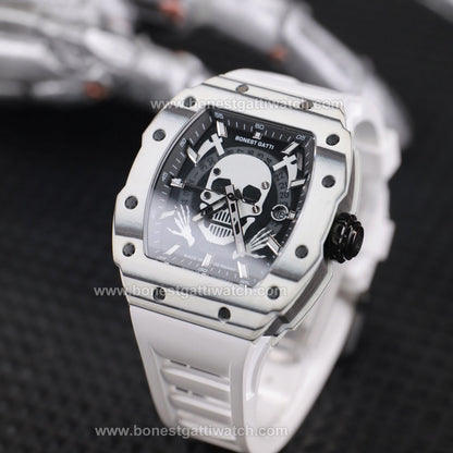 BONEST GATTI Carbon Fiber Skull Skeleton Tonneau Automatic Watch BG9909