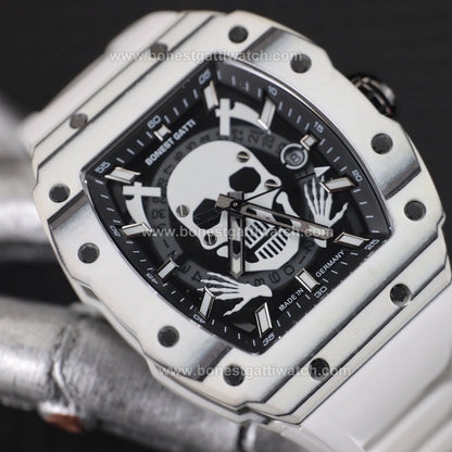 BONEST GATTI Carbon Fiber Skull Skeleton Tonneau Automatic Watch BG9909