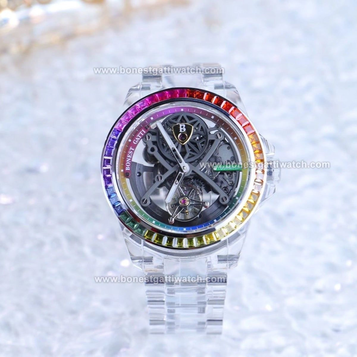BONEST GATTI K9 Cryatal Case Strap Automatic Skeleton Tourbillon Watch BG7002