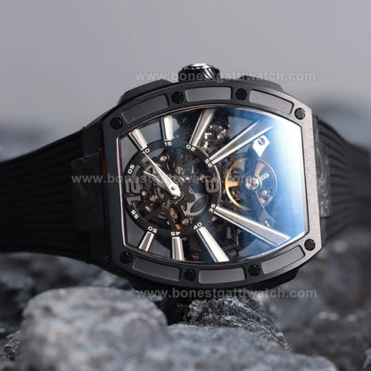 BONEST GATTI  Carbon fiber+fine Steel Case Barrel shaped sapphire crystal watch Skeleton Movement Watch BG9950