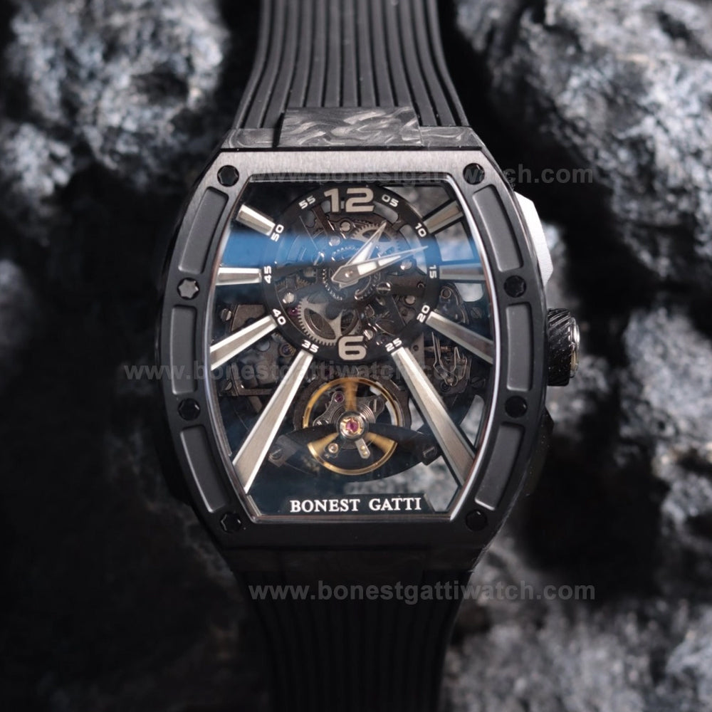 BONEST GATTI  Carbon fiber+fine Steel Case Barrel shaped sapphire crystal watch Skeleton Movement Watch BG9950
